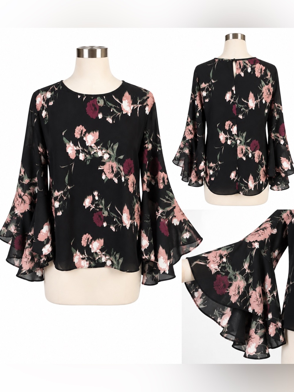 Vince Camuto Women’s Small Black Floral Bell Sleeve Blouse Flare Sleeve Top